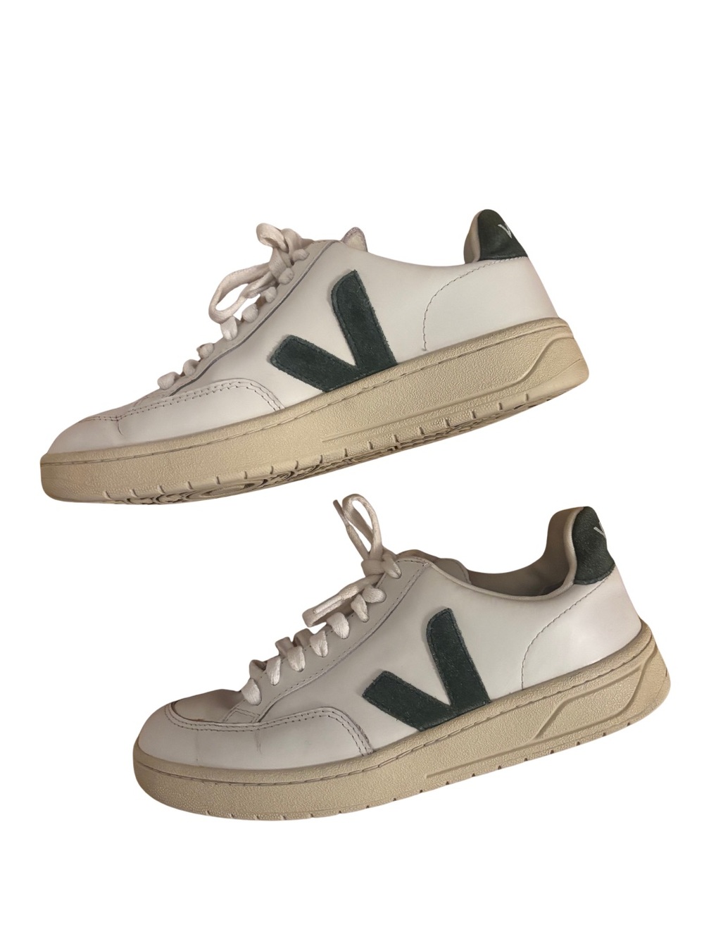 Veja (Vert) V-12 White Leather Men's Sneakers with Dark Green Accent